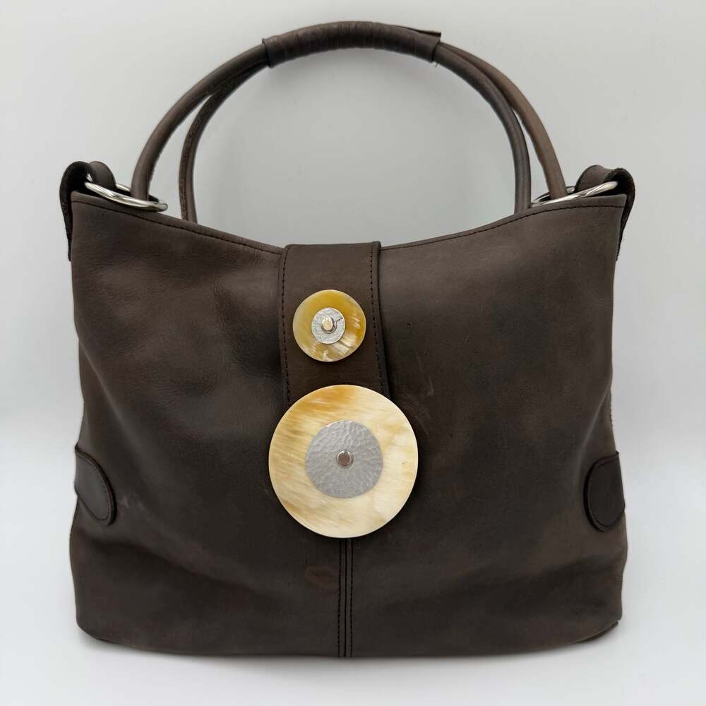 Annabelle Thom Kenya Leather Tote Bag Brown Horn Disc Closure Artisan Boho